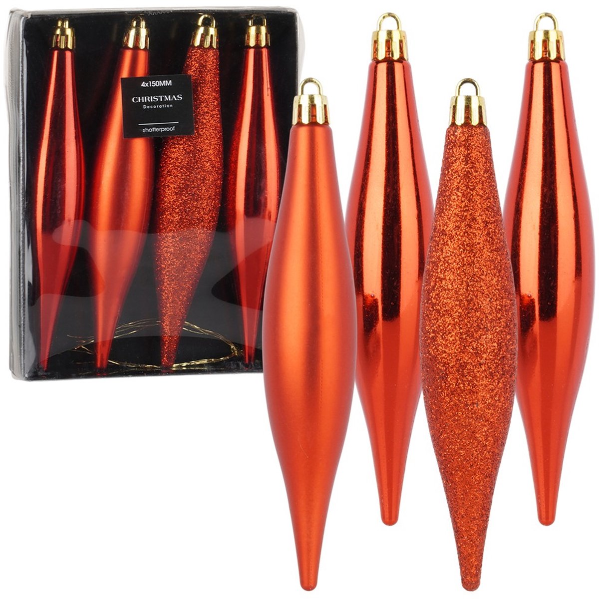 Kerstballen Set Onbreekbaar Rood Ijspegels 15 cm 4 stuks - Kerstdecoratie