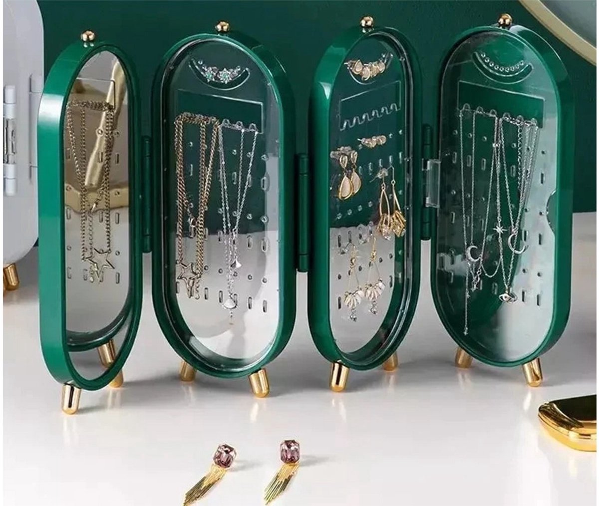 Borvat® Compact Sieradenhouder – Oorbellen- en Kettingen Organizer – Sieradendoosje met Spiegel – Groen