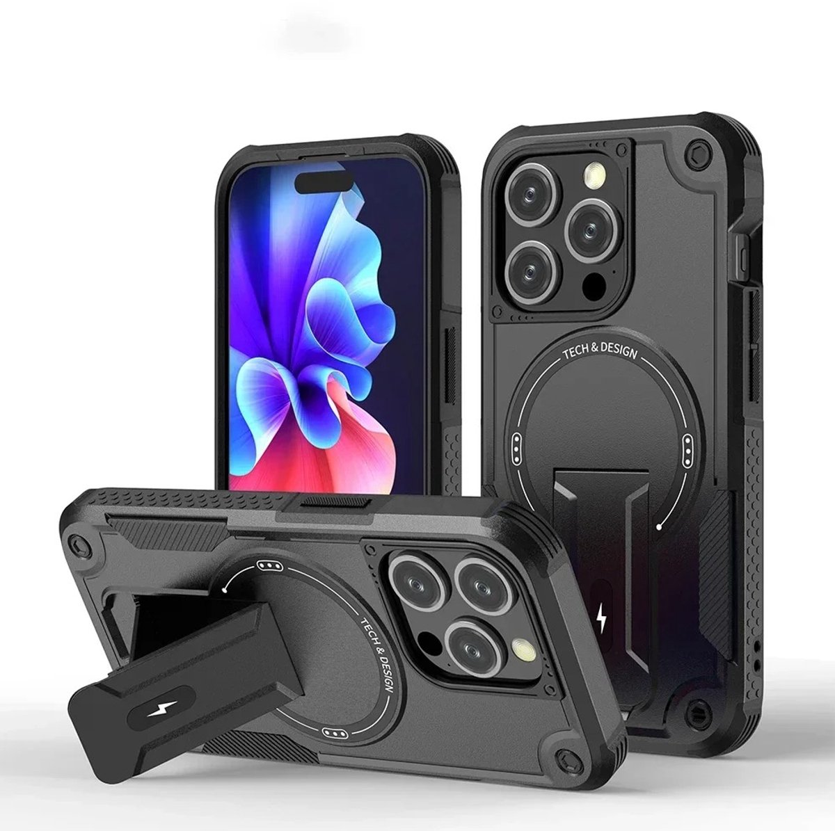 DrPhone ArmorStand – Schokbestendige 360° Bescherming Hoesje – Kickstand Case - Geschikt voor iPhone 17 Pro - Zwart