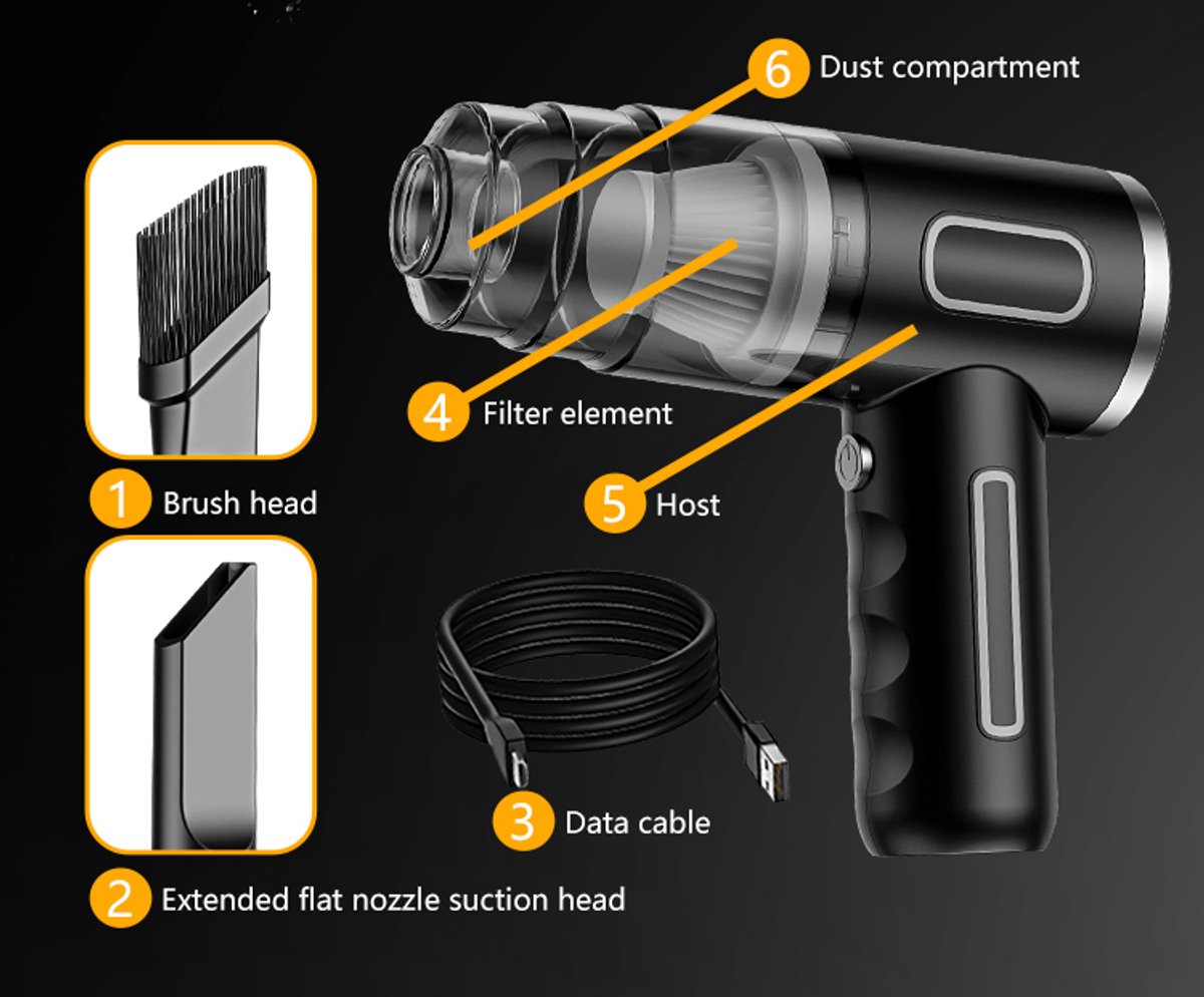 Handstofzuiger Draadloze Kruimeldief 3500Pa Zuigkracht Zwart - afbeelding 3