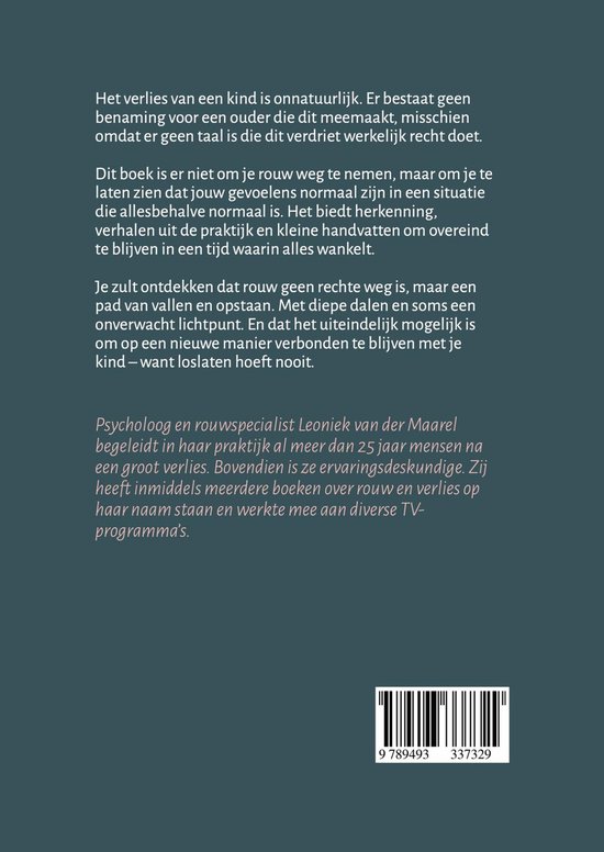 Boekomslag met tekst over rouwverwerking bij kindverlies en streepjescode.