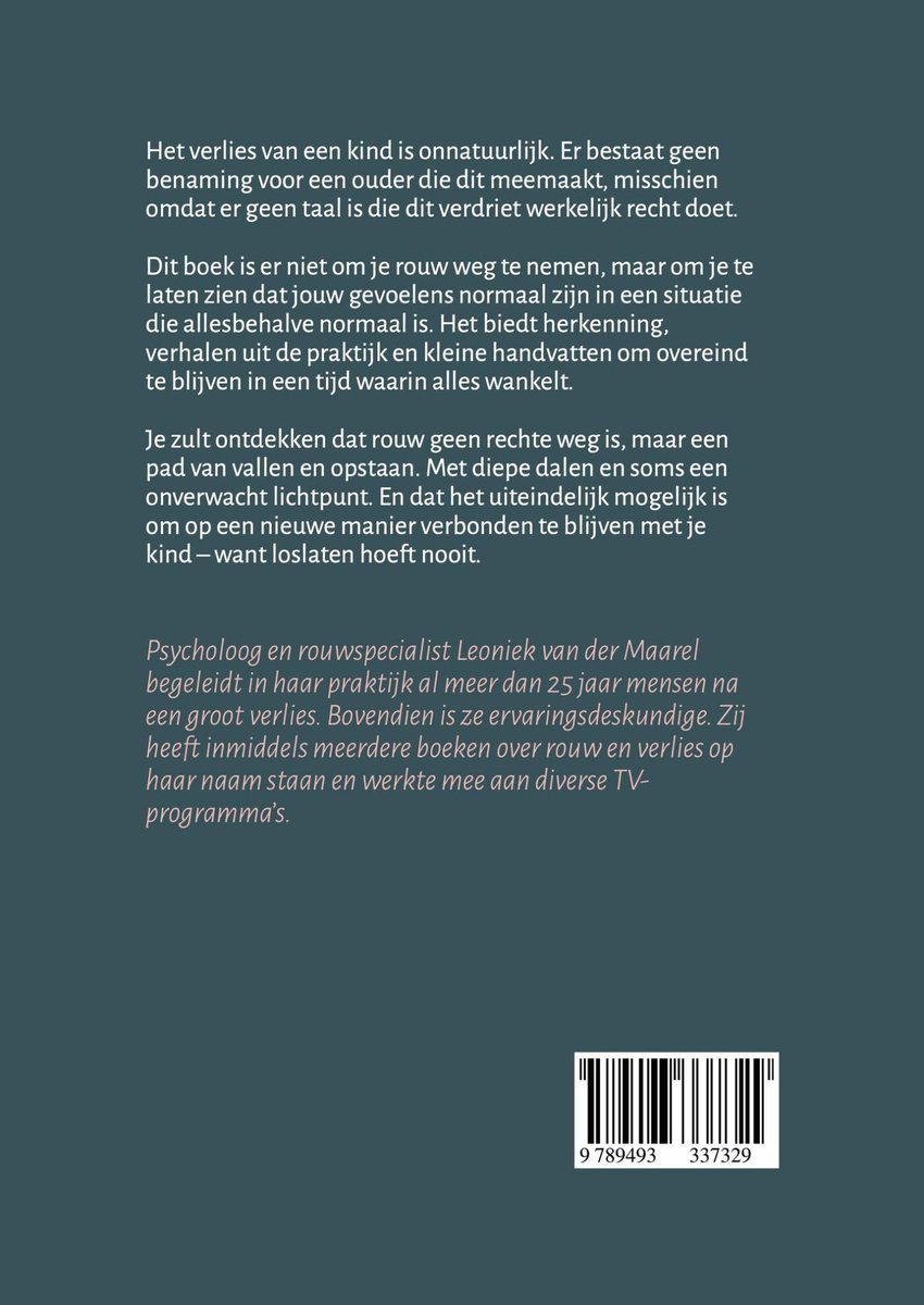 Boekomslag met tekst over rouwverwerking bij kindverlies en streepjescode.