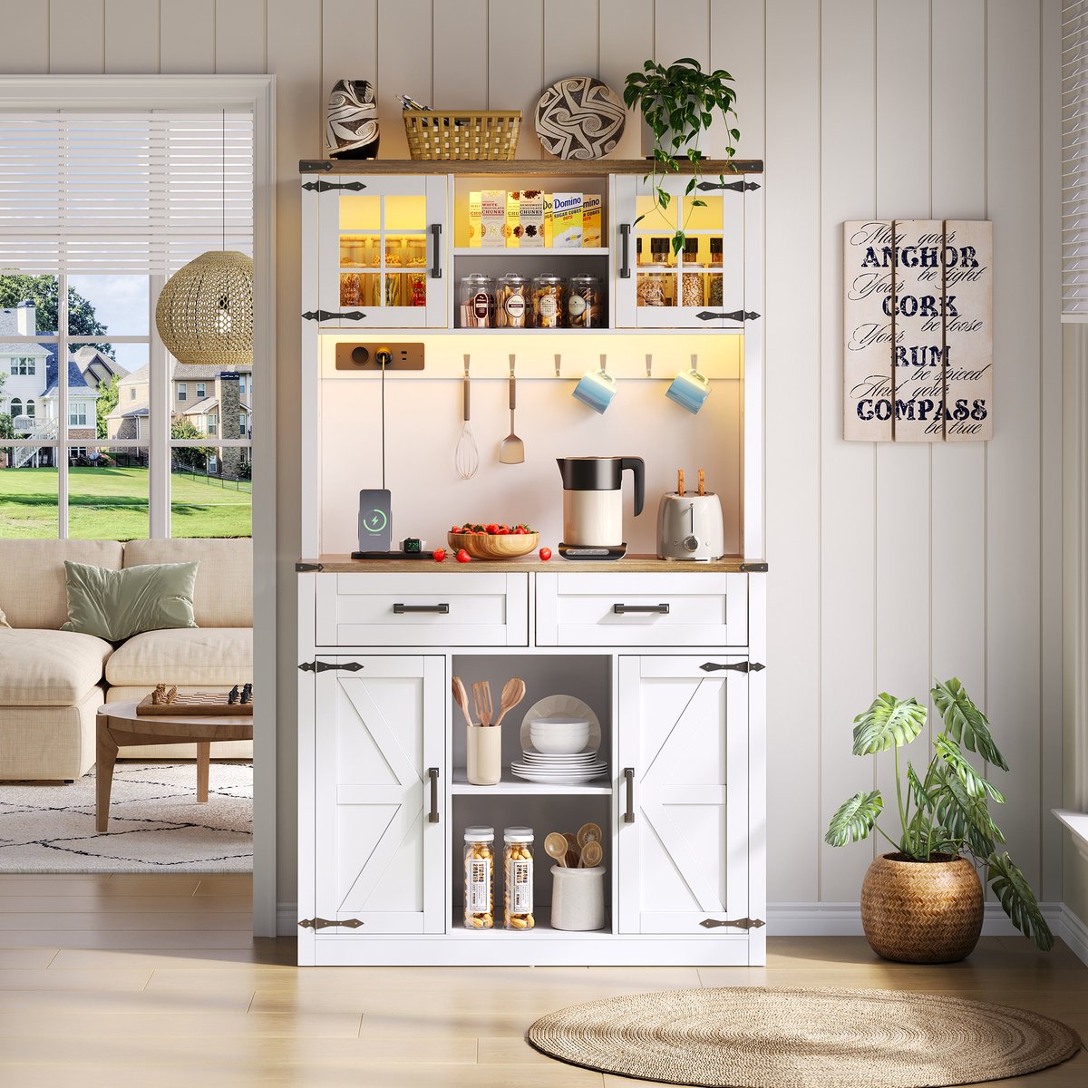 DENMOSTY Keukenbuffet met LED Verlichting & Stopcontacten - Grote Barschrank met 2 Laden, Scheunentordeuren en Verstelbare Planken - Rustieke Koffiebar Sideboard - Wit - 172 × 100 × 40 cm