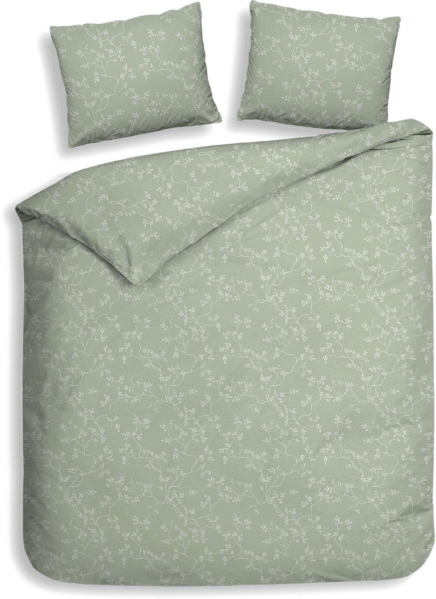 Heckettlane Dekbedovertrek Alloro - Effen Bedlinnen - 260x200-220 cm - Groen - Dekbedovertrek van 100% Katoen-Flanel Laurel Green