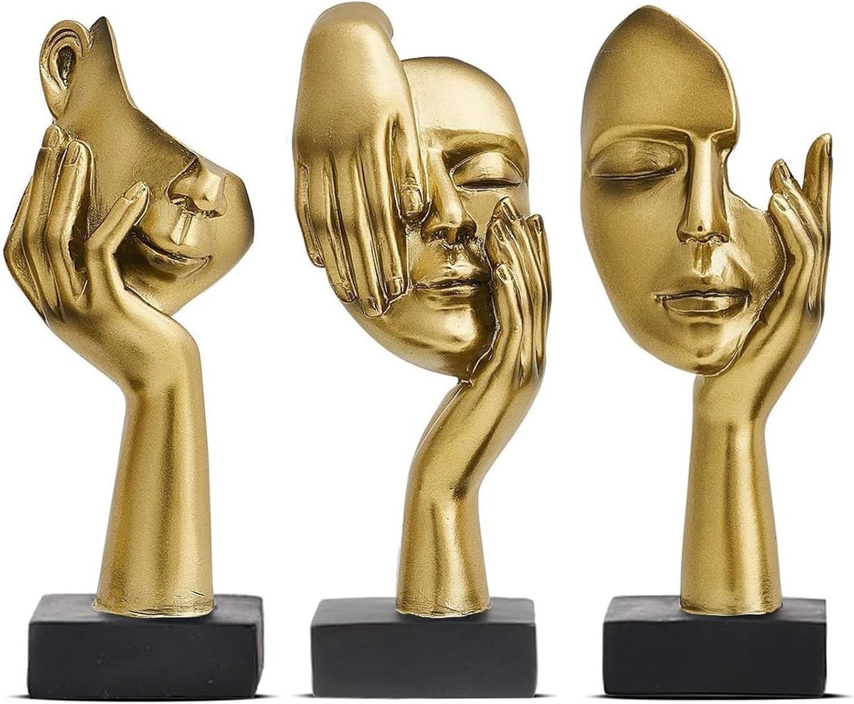 Moderne abstracte gouden figuren sculpturen set - decoratie voor woonkamer, kantoor, boekenkast - goudkleurige sculptuur decoratie met 3 stuks - luxe beeldjes - interieur accessoires - unieke home decorations