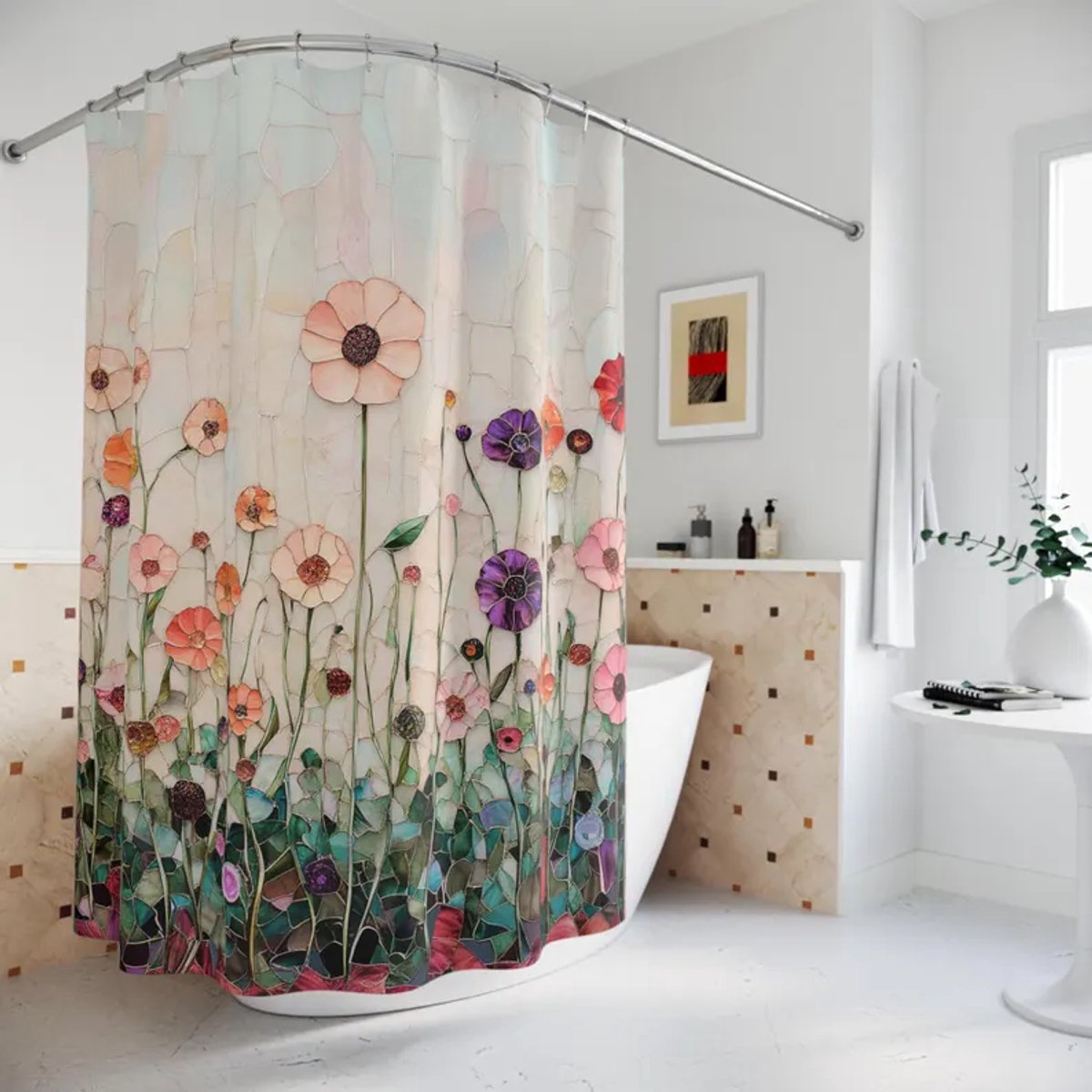 Floraweg douchegordijn, douchegordijn, badgordijn, badkamergordijn, volledige print, 3D-bloemen, digitale print - schimmelwerend - inclusief 12 ringen - met 12 douchegordijnhaken - waterdicht - wasbaar - polyester - 180 x 200 cm