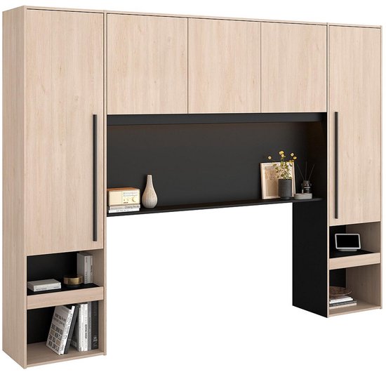 Tête de lit Ponte 265cm avec deux tables de chevet et éclairage LED- décor chêne/noir - Parisot - Armoires hautes - Brun - Mélamine|Panneaux de particules - Armoires hautes