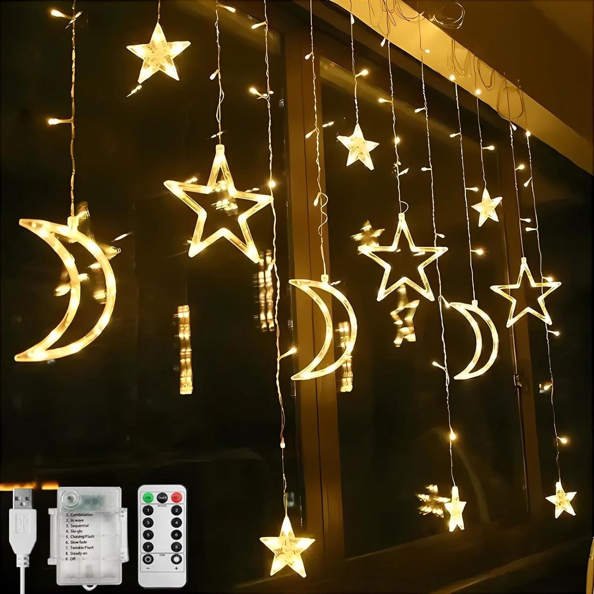 Ynkkvre - Gordijnverlichting - Sterrengordijn - Lichtgordijn - Kerstverlichting - Lichtketting - Lichtsnoer - 138 LED Sterren & Manen - 8 Lichtmodi - IP65 Waterdicht - Timer 6/18u