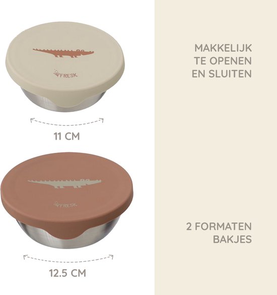 Twee RVS bakjes met krokodillenprint. Een met een crèmekleurig deksel (11 cm) en een met een bruin deksel (12.5 cm). Makkelijk te openen en sluiten.