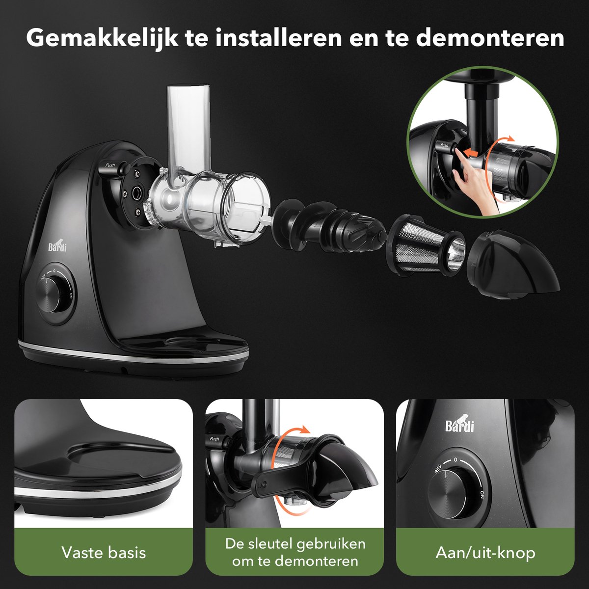 Bardi Slowjuicer – Coldpress Fruitpers voor Groenten & Fruit – 700 ml Pulpreservoir – Met Schenkkan – Zwart thumbnail 6