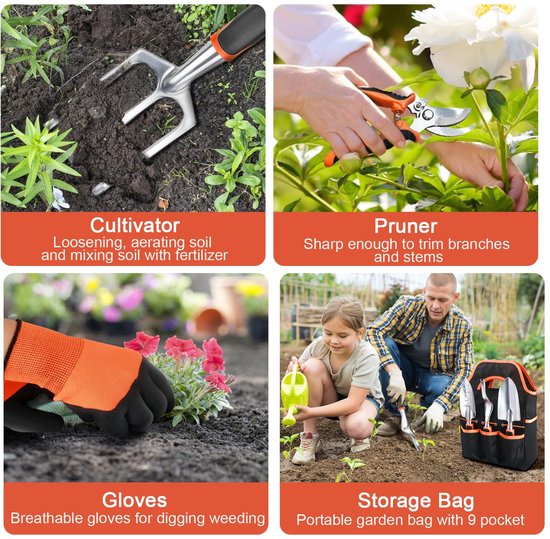 Tuingereedschapset - 8-delige set inclusief tuingereedschap, tuinschep, tuinhark, tuinhandschoenen, tuinschaar, enz., met opbergtas. van Merkloos	 — afbeelding 3