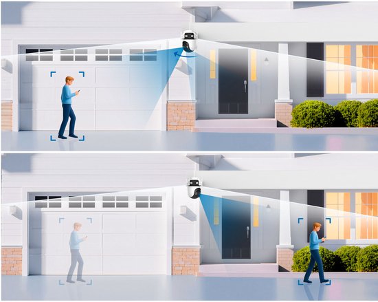 Illustraties van Tapo beveiligingscamera die beweging detecteert bij een garage en voordeur, met blauwe detectielijnen.