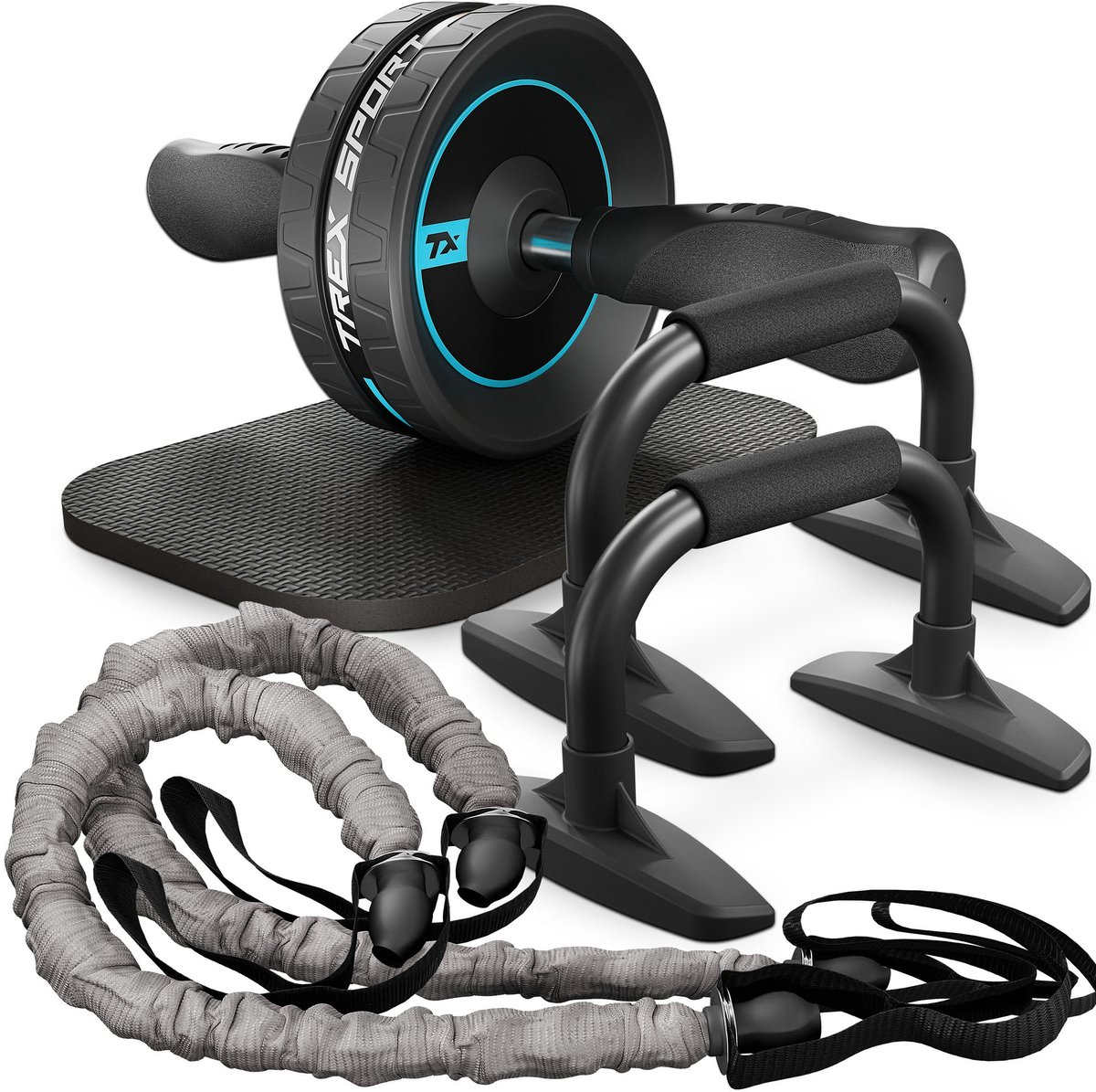 Trex Sport TX-010WSB - Trainingsset - 4-in-1 - Buikspierwiel - Push-up steunen - Mat en weerstandsbanden - Ab roller - Ab wheel - Kleur B