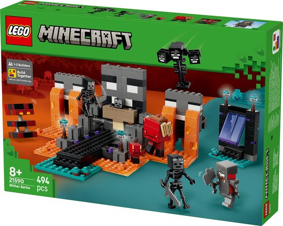 Boîte de set LEGO Minecraft Wither Battle avec Wither, squelettes, figurines et blocs de construction orange et gris.