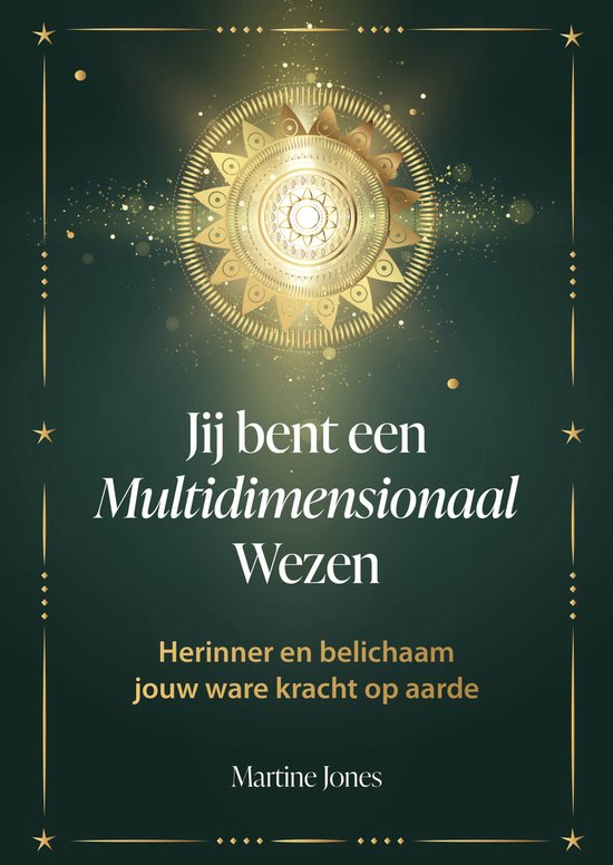 Boek 'Jij bent een Multidimensionaal Wezen' met gouden mandala en sprankelende sterren.