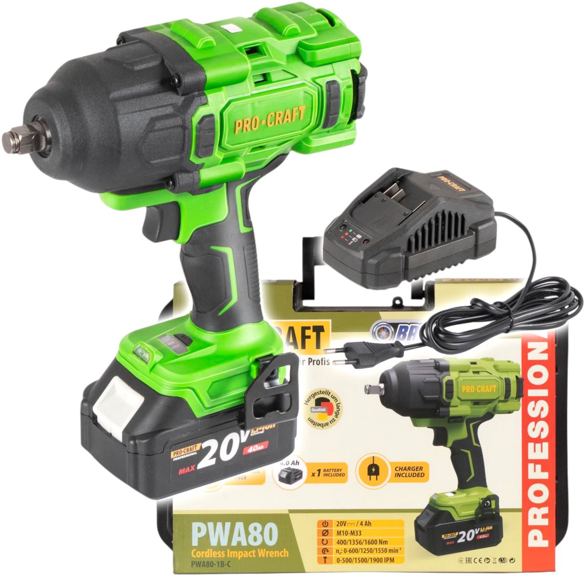 Procraft PWA80-1B-C accu-slagmoersleutel 20 V 1600 Nm 1/2" borstelloos + 1x accu 4,0 Ah + oplader + koffer