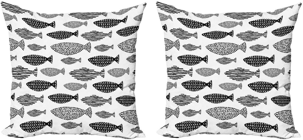 ABAKUHAUS Vis Kussenhoes Set – 2x40x40 cm – Zwart-Wit – Dubbelzijdig