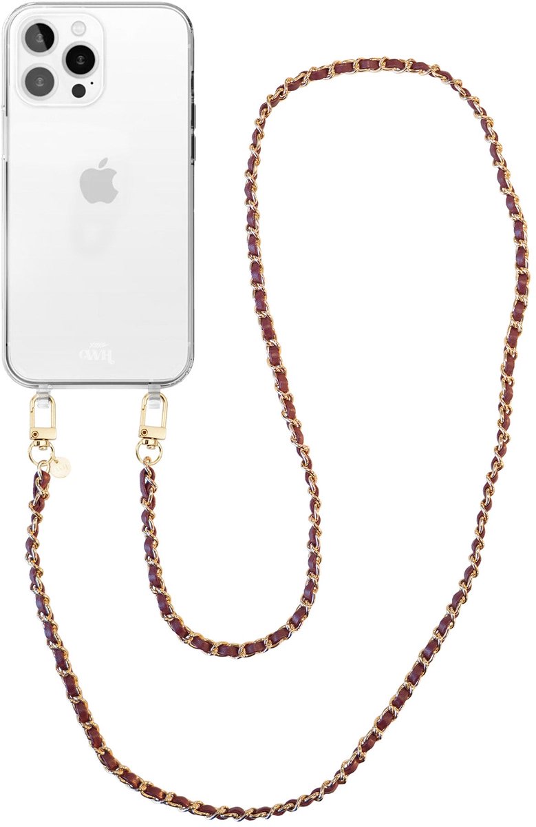 xoxo Wildhearts siliconen hoesje geschikt voor iPhone 16 Pro Max - Classic Chain - Burgundy (lang koord) - Telefoonhoesje - Hoesje met koord - Schakelketting - Lang telefoonkoord - Bordeaux rood met goud - Transparant hoesje