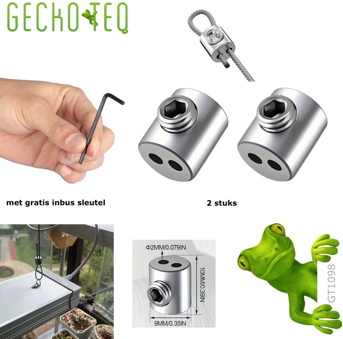 GT1098 Geckoteq 2 x Draadklem / Kabelklem / Lusmaker met Inbus sleutel – Dubbel Gat – 20kgs
