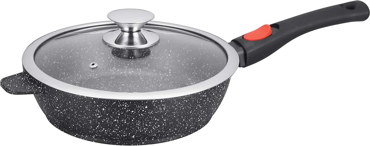 Zwenkpan 28 Cm - Afneembare Handgreep - Gegoten Aluminium met Steen-Look - Glas Deksel - Geschikt voor Inductie - PFOA-Vrij