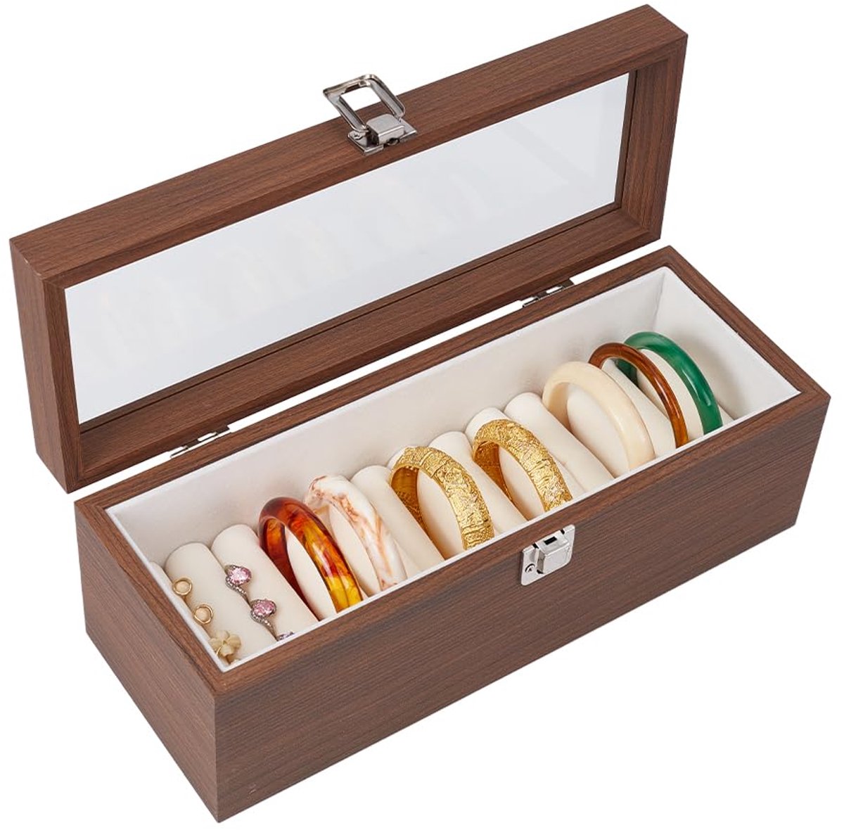 Opbergdoos voor houten ringen, display met 12 sleuven voor armbanden met binnenkant van fluweel, zichtbare raamdeksel, opbergdoos voor armbanden, sieraden, 32,5 x 12 x 12 cm