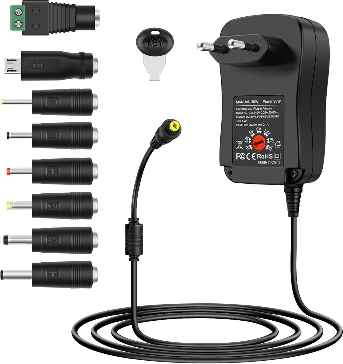 30W Universele - Voedingskabels - stroomkabel - Voeding 12V 9V 7.5V 6V 5V 4.5V 3V en 5V 2.1A - USB-poort met 8 DC-connectoren - Universele Voedingsadapter voor Router/Speaker/Miniventilator/LED-Stripverlichting