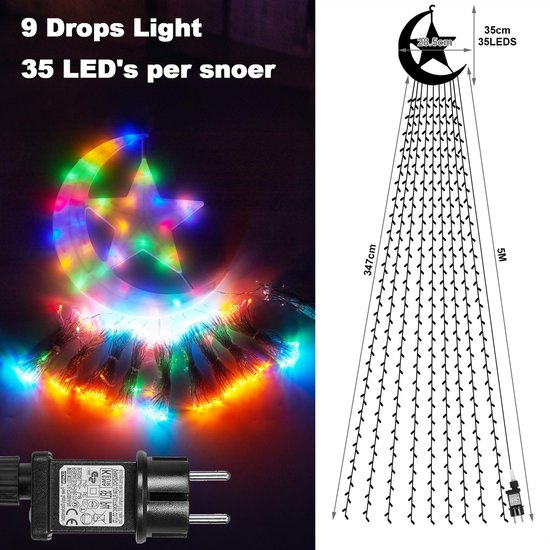 Maan en ster boomverlichting met 350 gekleurde LED lampjes, 5 meter lang.