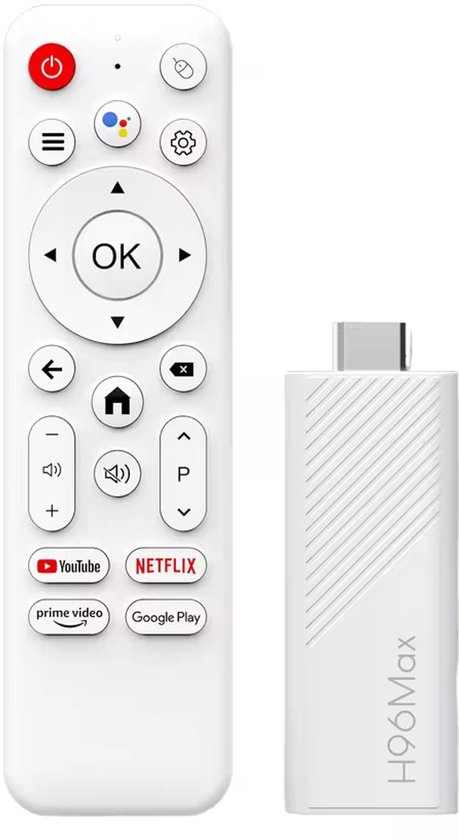 Witte afstandsbediening en H96Max TV stick op een witte achtergrond.