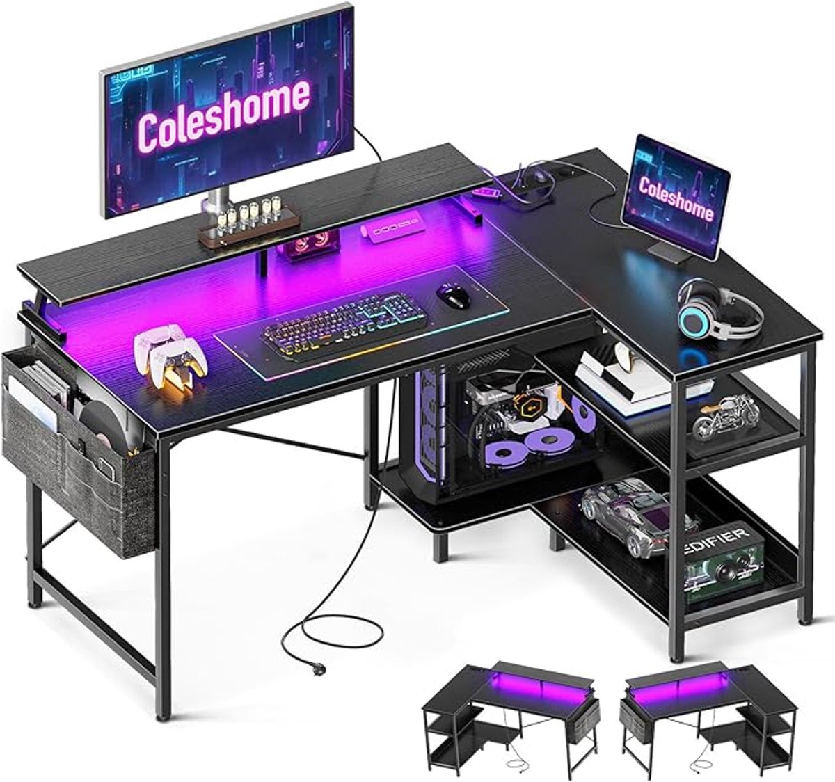Gaming Hoekbureau L-vorm – 120×80 cm – LED-verlichting, Stopcontacten & USB-poorten – Omkeerbaar Ontwerp – Zwart – Met Monitorstandaard, Hoofdtelefoonhaak & Opbergrek – Stevig MDF & Staal