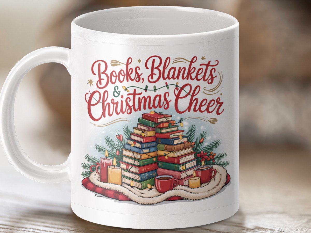 Mok, Books Blankets Christmas Cheer, Gezellige Kerst, Cadeau voor Boekenliefhebber, Kerst Mok, Boeken Stapel, Warme Drank Mok