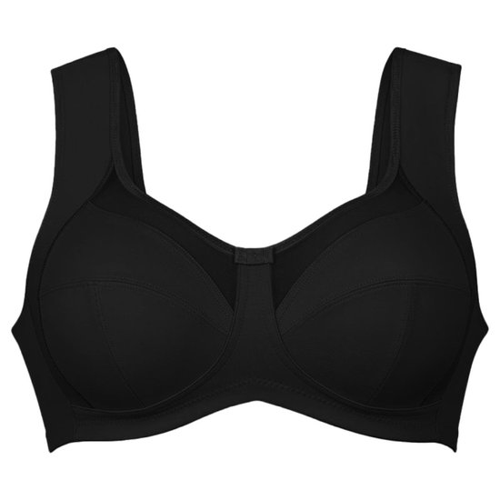 Zwarte Anita Comfort beugel-bh met brede bandjes, mesh-detail boven de cups en een drukknoopje.