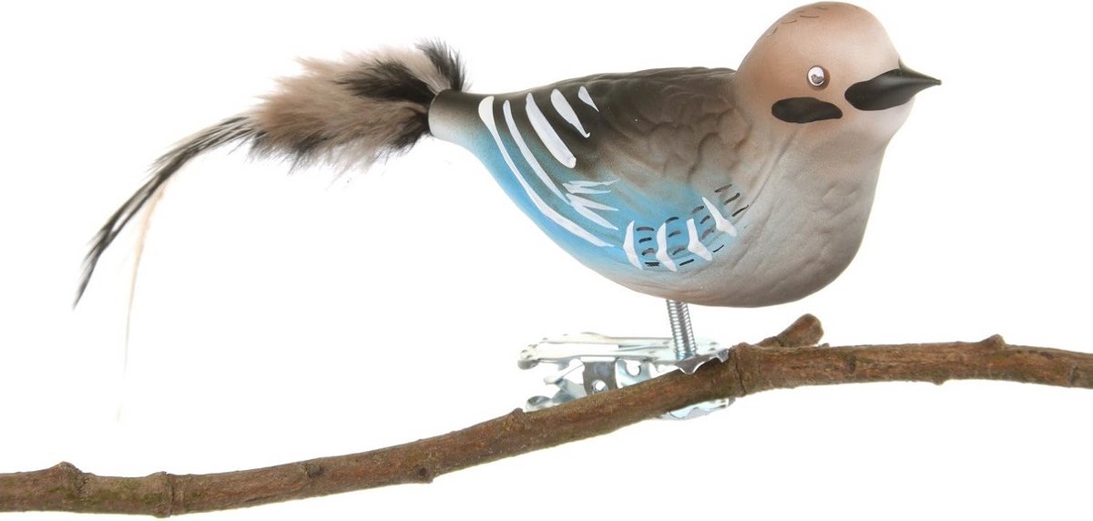 Glazen vogel met veer en clip - Natuurlijke decoratie voor thuis
