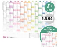 XXL Wandkalender 2025 A1+ in het Spaans - Vouwbare Regenboog + Jaarplanner A4 Gratis met Spaanse Feestdagen - Duurzaam & Klantvriendelijk