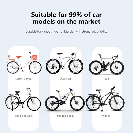 Illustraties van diverse fietsen: damesfiets, mountainbike, racefiets, oude fiets, en bakfiets.