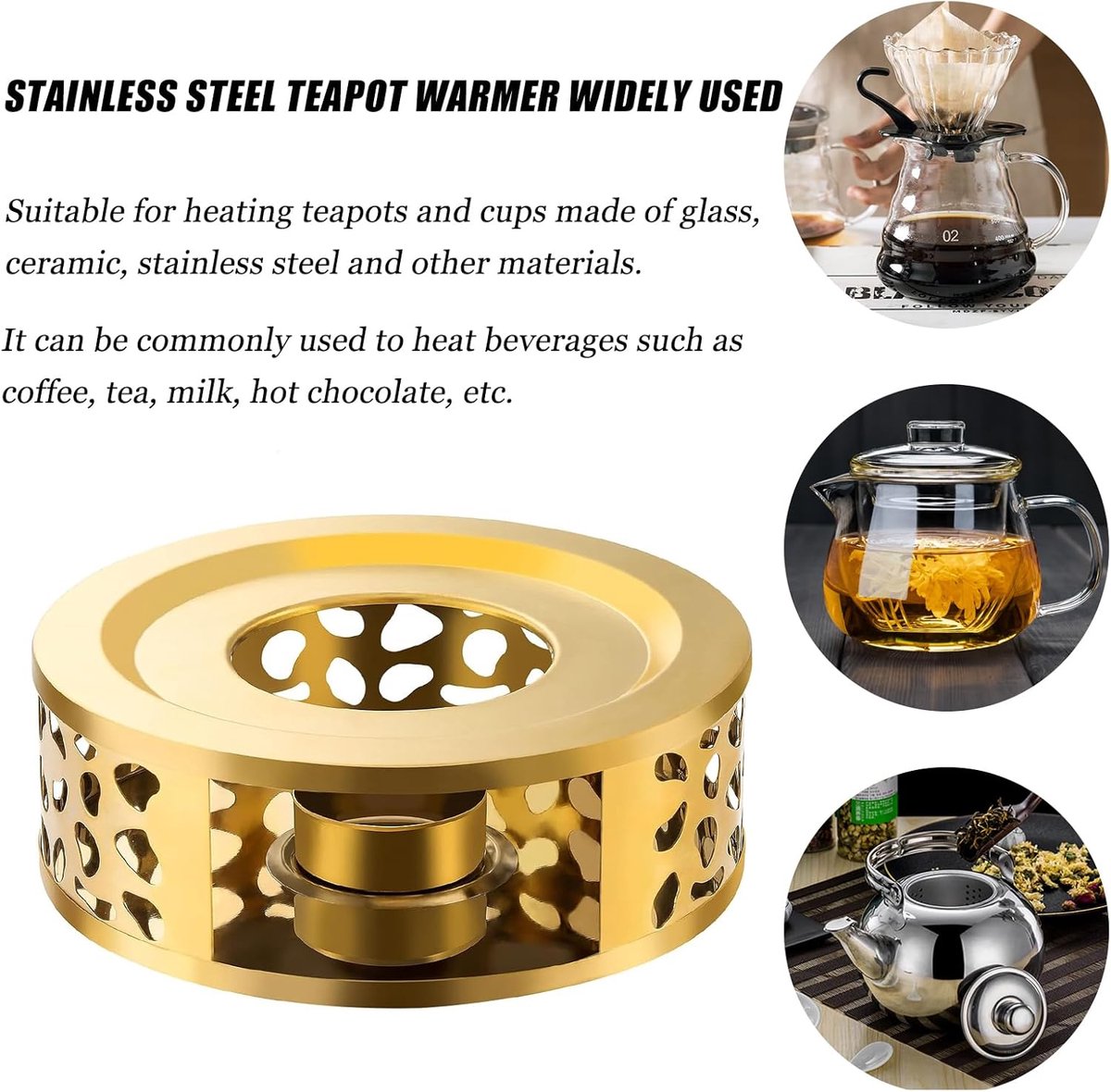 2 stuks theepot warmer - kandelaar - RVS - 15*15*5cm - met theelichthouder - Goud - kaarsenhouder - Koffie- en theewarmer - geschikt voor glazen, stalen en keramische theepotten en andere hittebestendige schalen — cadeau in Koken & Dineren - foto 3