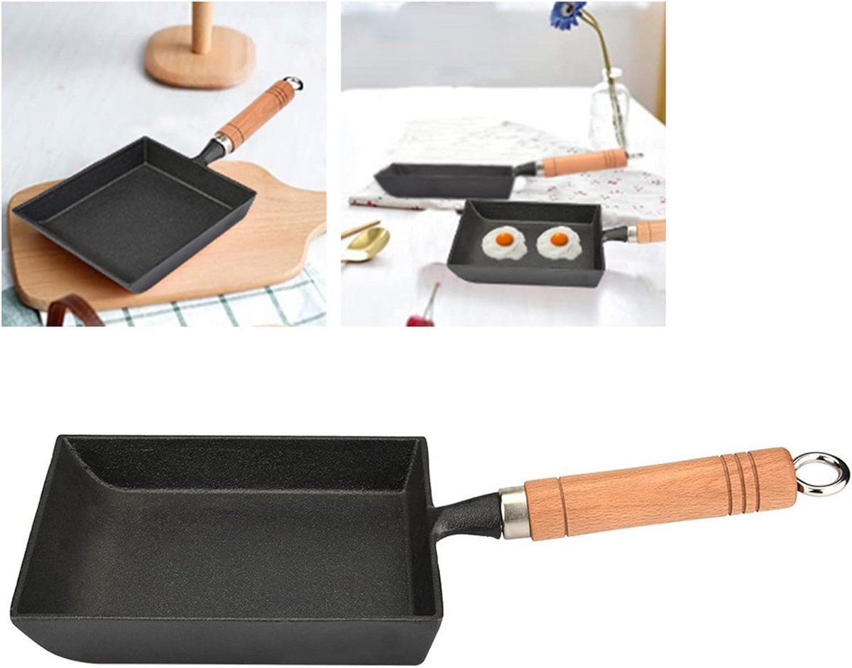 Tamagoyaki Pan – Vierkante Gietijzeren Eierpan voor Japanse Omelet Pannenkoeken – Anti-Heet Houten Handvat – Geschikt voor Gas Inductie Keramische Kookplaten – Zwart