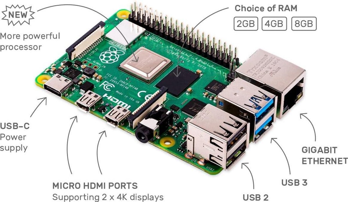 Raspberry Pi 4 Model B - 2GB - Quad-Core 1.5GHz - 4K HDMI - Gigabit Ethernet - USB 3.0