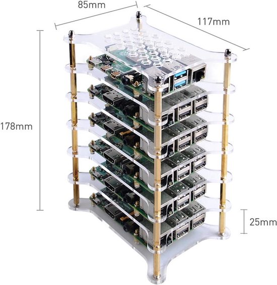 Raspberry Pi 4/3/2 Model B Cluster Case Aluminium Acryl Stapelbaar met Koelplaten 6-laags
