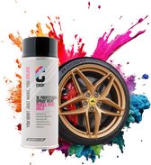 Spuitbus CROP 1K Professional Wheel Paint Gold, met gouden velg en rode remklauw, omgeven door verfspetters.