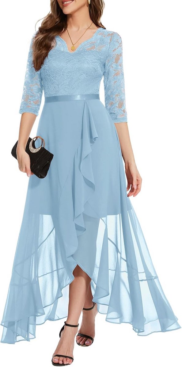 Elegante avondjurk chiffon V-hals hi-lo split voor bruiloften en feesten