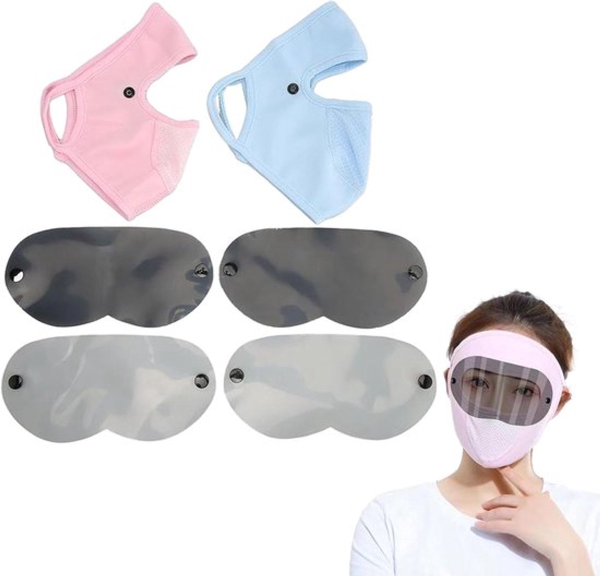 2 stuks UV-zonnemasker gezichtsmasker voor fietsen outdoor sport volgelaatsmasker ademend voor warme zomer fietsen wandelen met veiligheidsbril in de kleuren roze en blauw