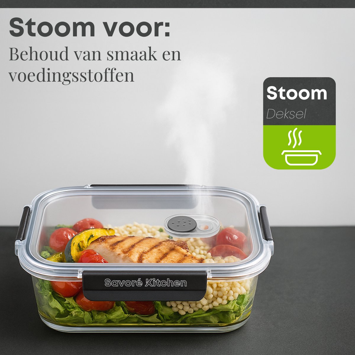 Savoré Kitchen Vershoudbakjes Set – Glas - 5 Stuks Met Stoom Deksel -1040ML - Meal Prep Bakjes - Diepvriesbakjes - Luchtdicht — afbeelding 3