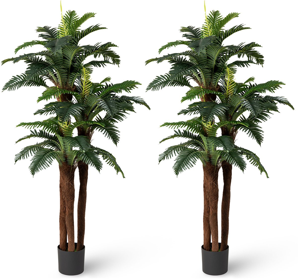 COSTWAY Kunstpalmen 190 cm, set van 2, kunstpalmen met verstelbare bladeren, zwarte plantenpot en mos, kunstplant in pot ter decoratie, voor thuis en op kantoor