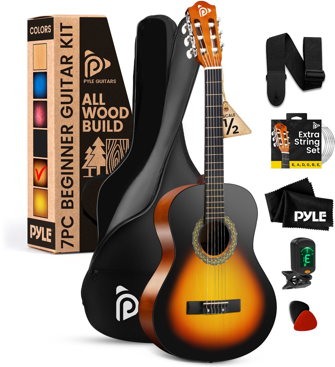 Pyle Akoestische Gitaarset 1/2 Junior Maat, Beginnersset Compleet Accessoirepakket-Sunburst
