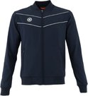 Donkerblauwe trainingsjas met witte chevron-accenten en logo op de borst. Ritssluiting en zakken met rits.