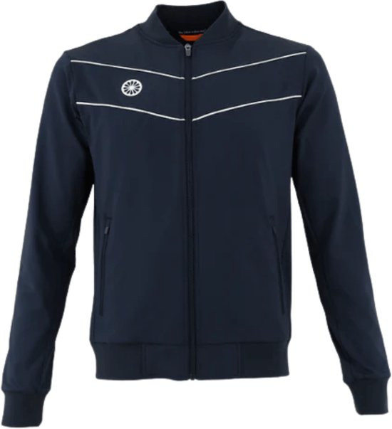 Donkerblauwe trainingsjas met witte chevron-accenten en logo op de borst. Ritssluiting en zakken met rits.