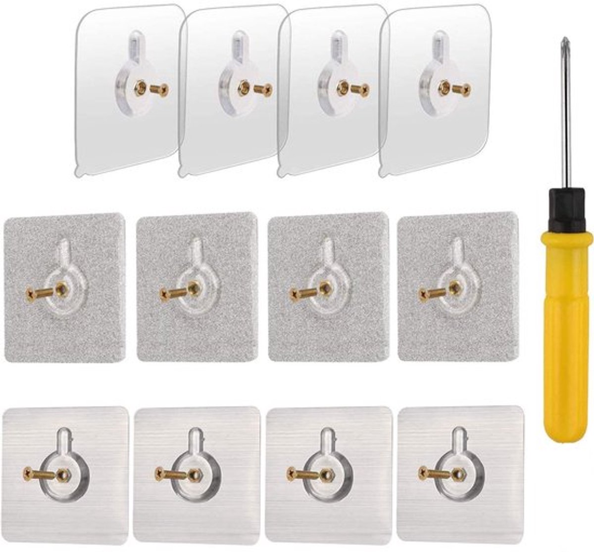 12-Set Afneembare Zelfklevende Schroeven - 60x60mm - Transparant & Zilver - Geen Boren voor Tegel & Glas