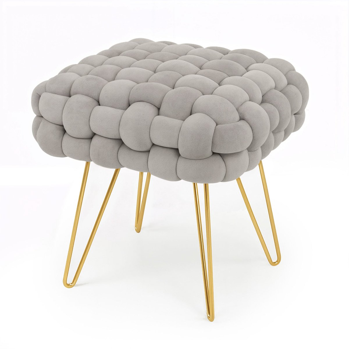 Gestoffeerde Fluwelen Poef DOTTY 38 cm / Vierkante Poef met Gouden Poten / Stijlvolle Kruk / Kaptafelkruk / Halstoel / Woonkamerstoel / Lichtgrijs