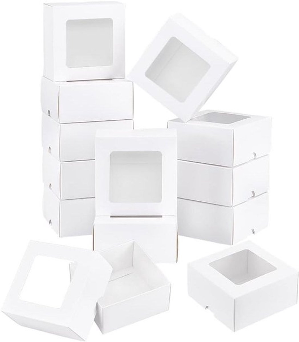 12 Stuks Witte Kraftpapier Doos met Doorzichtig Venster - 10x10x5cm Vierkante Geschenkdoos voor Huwelijksfeest - Zelfgemaakte Zeep en Snoep Verpakking