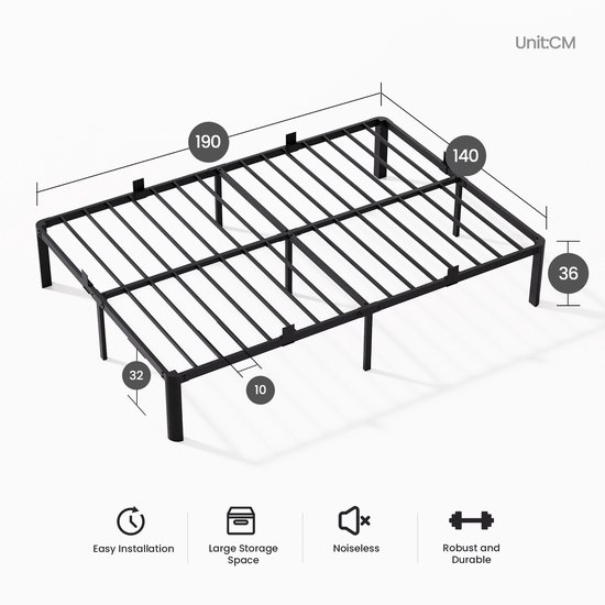 KUTAS Metalen bedframe 140x200 cm - Minimalistisch - Tweepersoonsbed - Stevig - Stil - Anti Slip - IJzeren Bed - metaal - Roestvrij - Duurzaam - Zwart